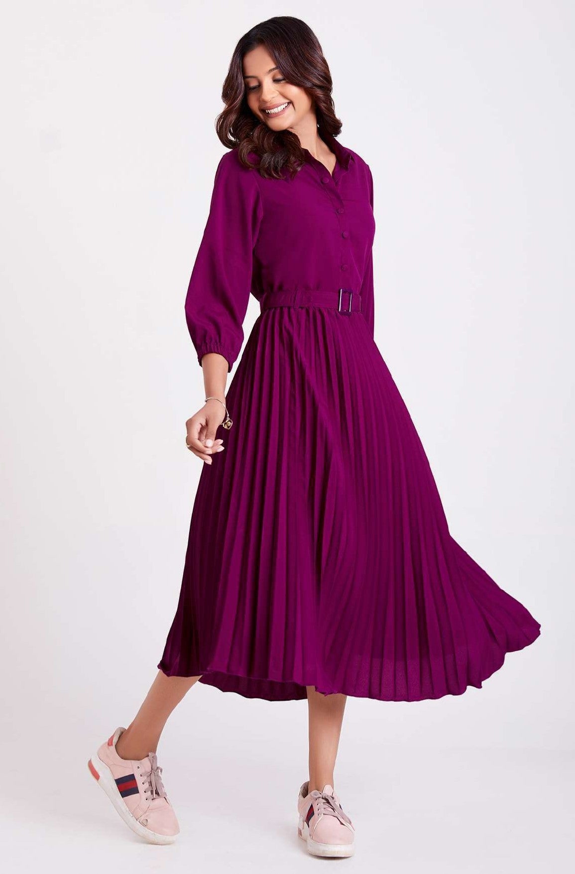 Purple Pan Collar Pleated Western Wear dress for women