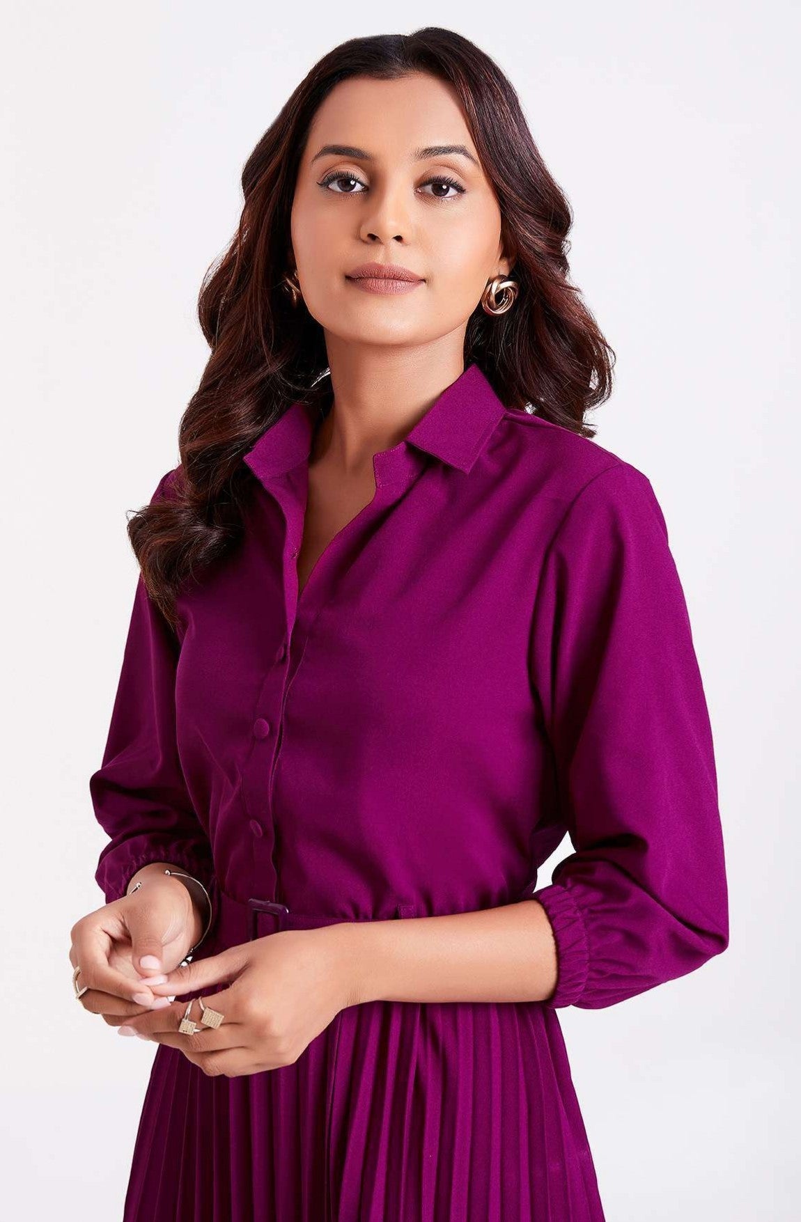 Purple Pan Collar Pleated Western Wear dress for women