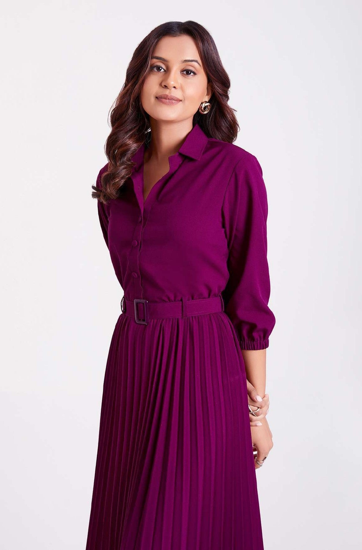 Purple Pan Collar Pleated Western Wear dress for women