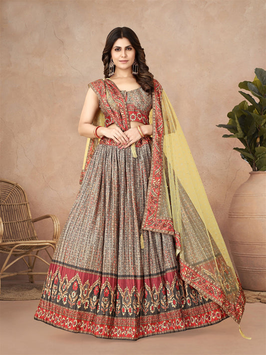 Multi Color Digital Printed Crape Pleated Lehenga Choli For Women