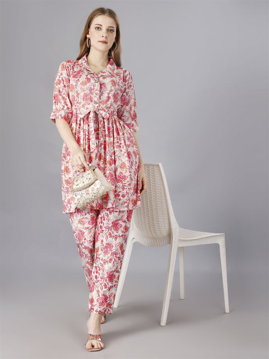 Printed pink 2-Piece Shirt & Trousers Set