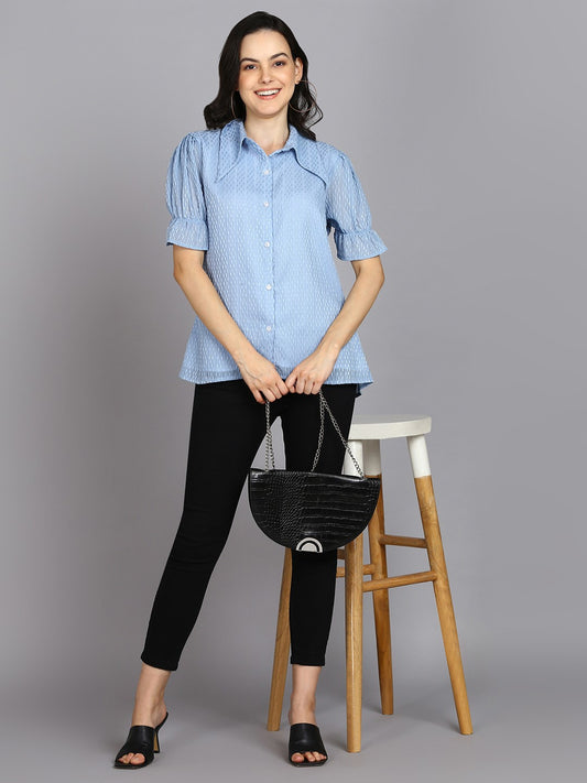 Casual Regular Sleeves Self Design Women Sky Blue Top