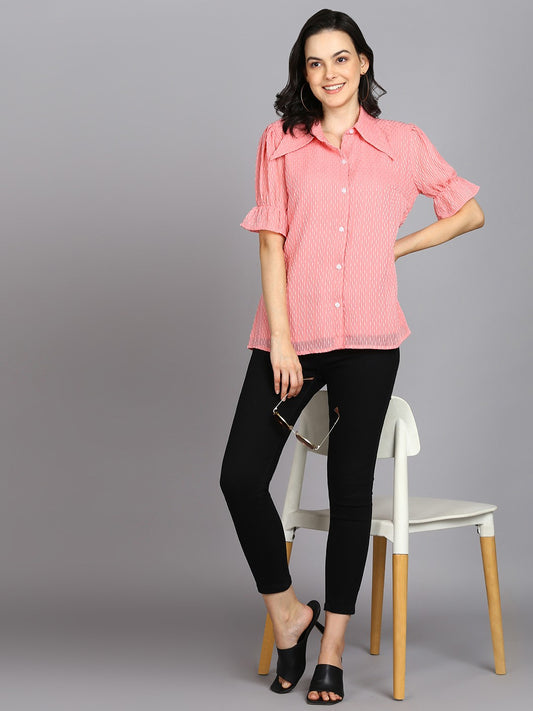 Casual Regular Sleeves Self Design Women Pink Top