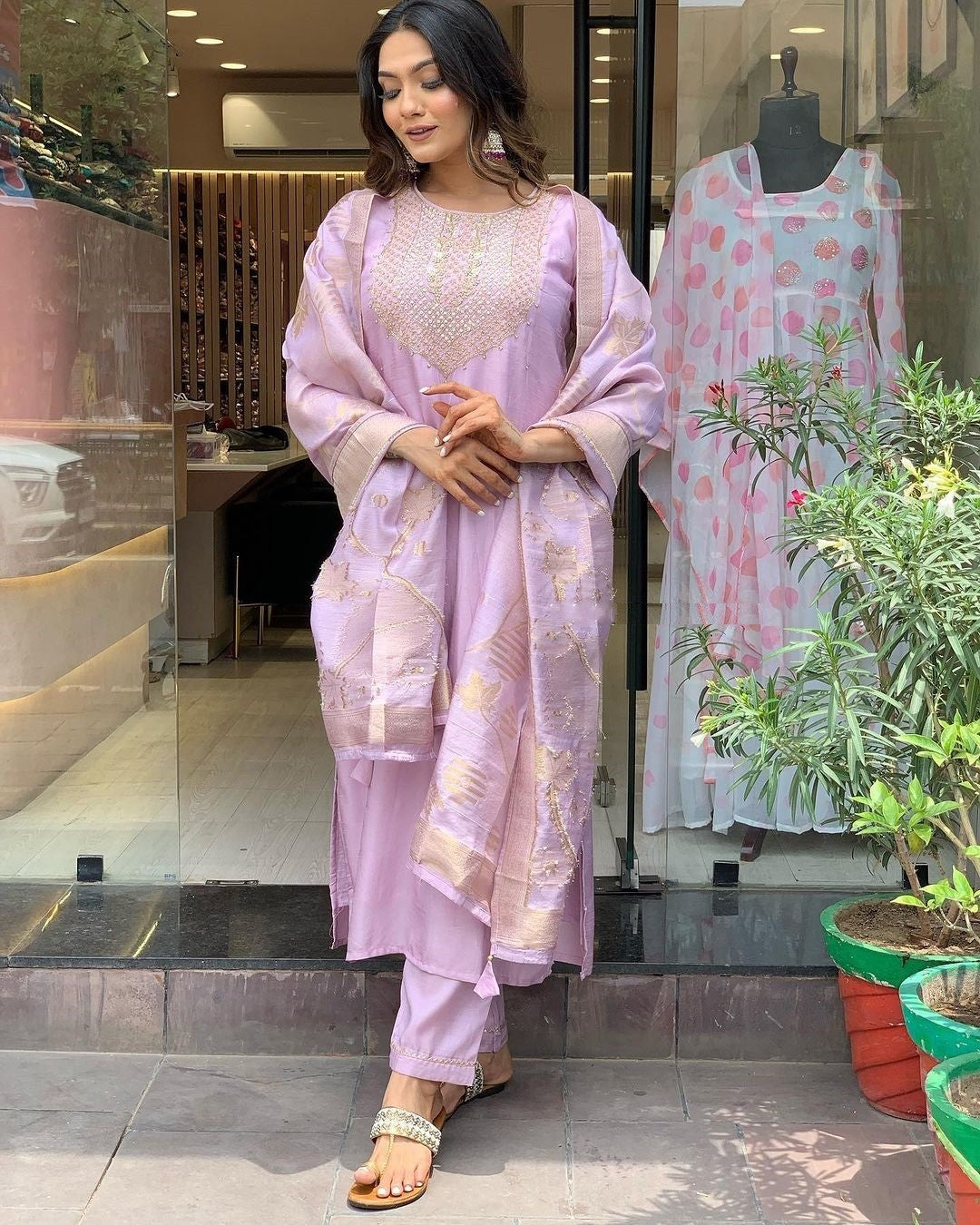 Lavender Straight Kurta with Pants & Dupatta