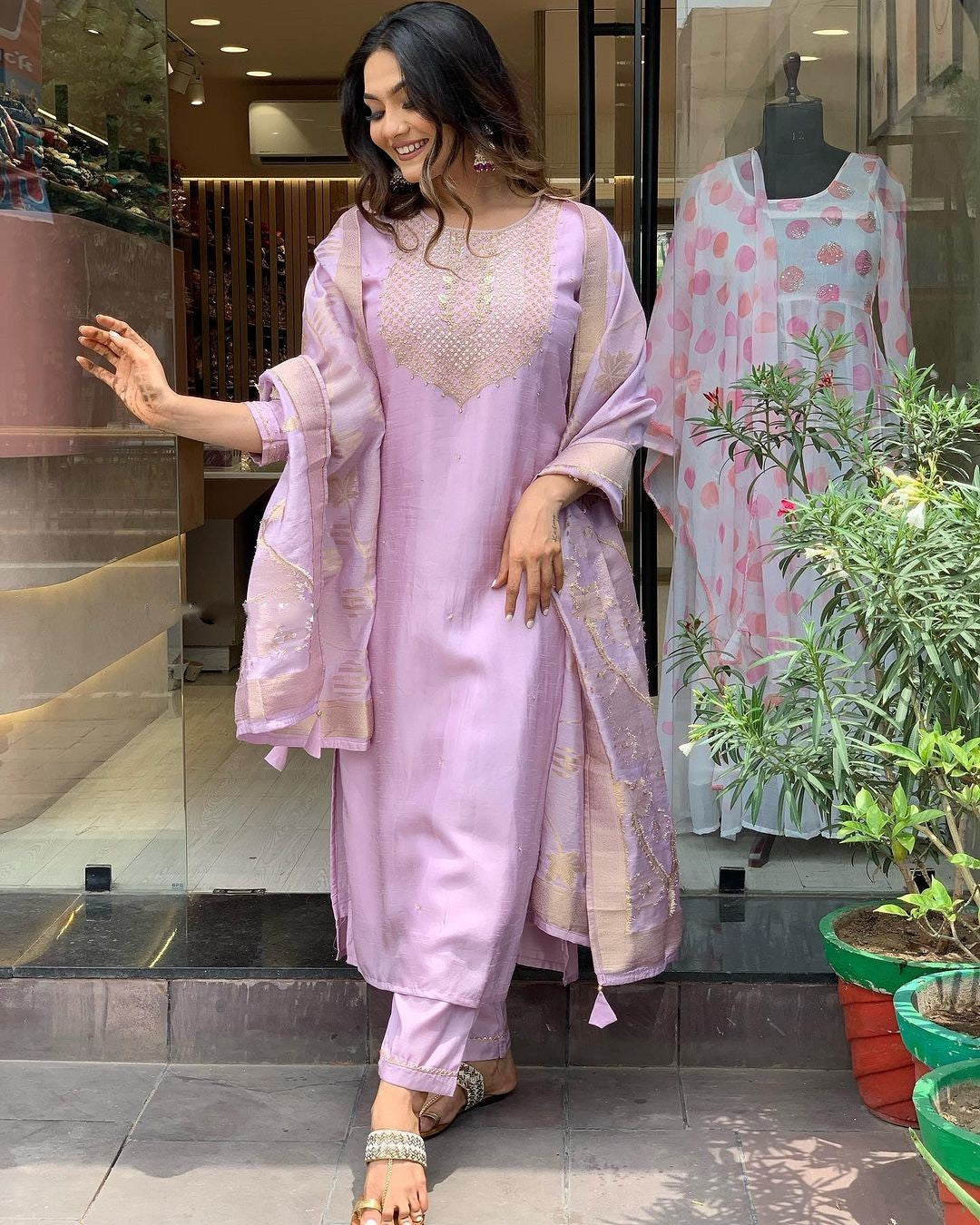 Lavender Straight Kurta with Pants & Dupatta