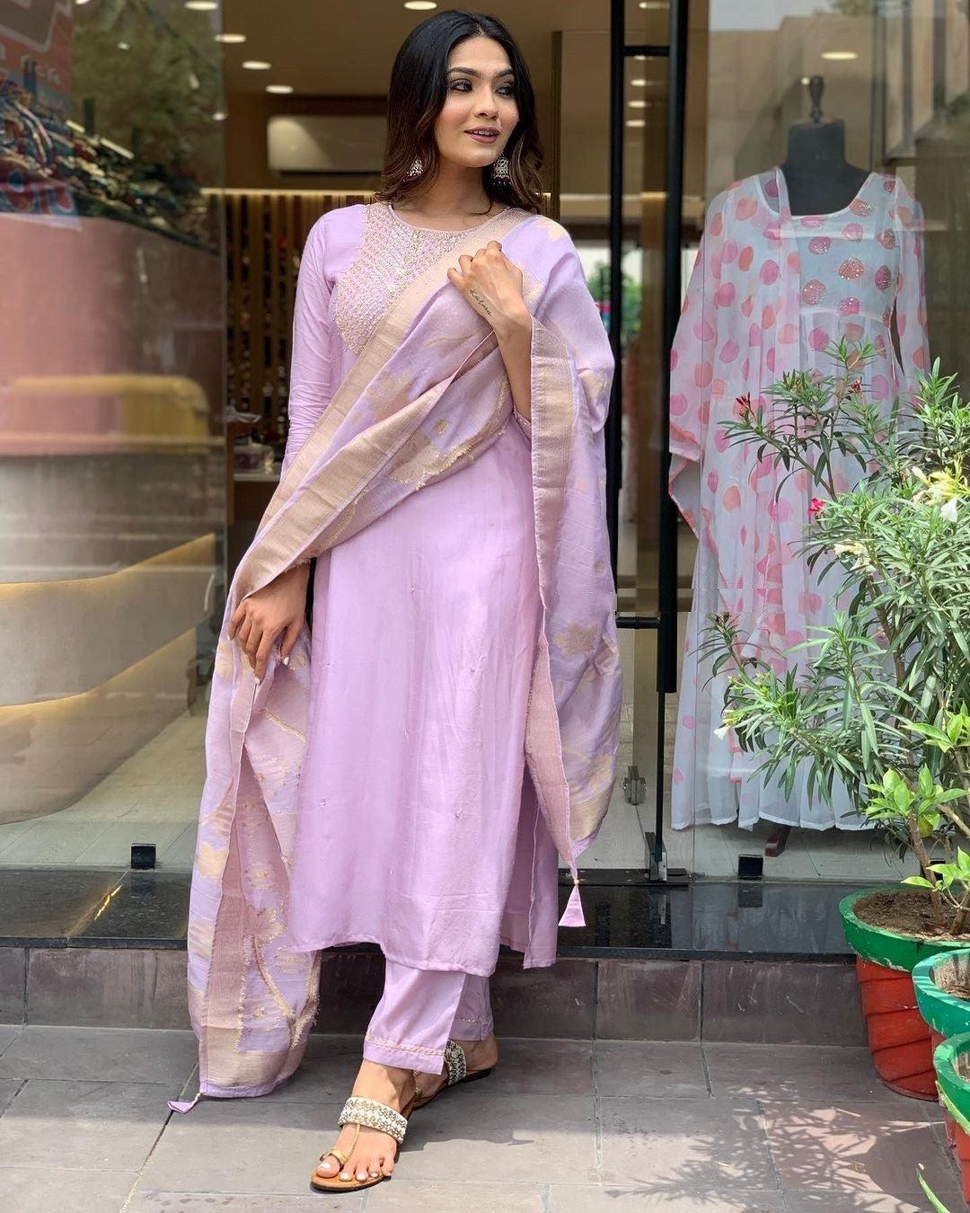 Lavender Straight Kurta with Pants & Dupatta