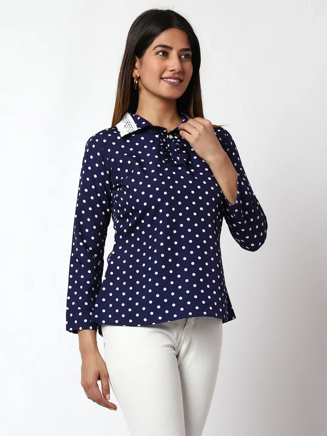 Casual Printed Women Dark Blue Round Neck Top