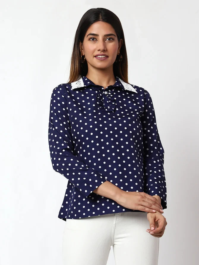 Casual Printed Women Dark Blue Round Neck Top