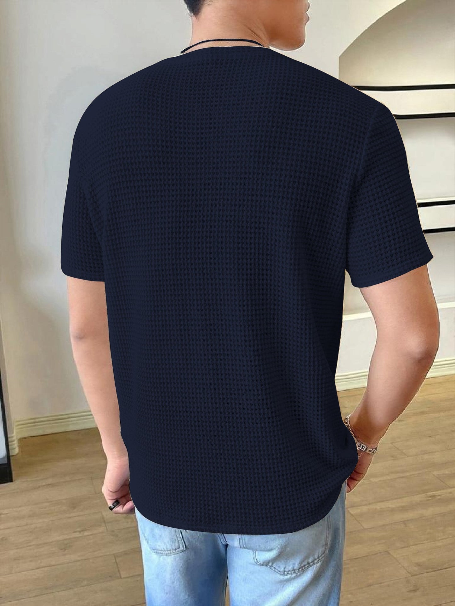 Waffle Navy Blue Hlaf sleeve Men T-Shirt