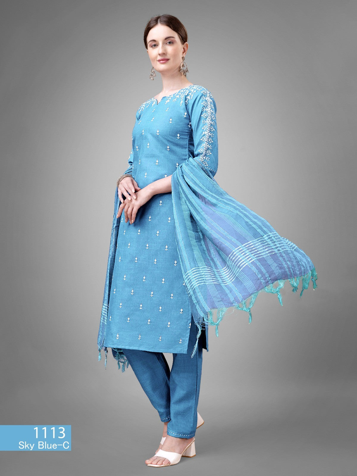 Sky Blue Women's Tranding Cotton blend Kurti,Pant with Dupatta