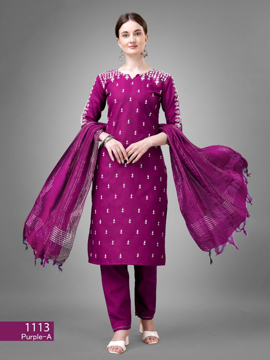 Purple  Cotton Blend Readymade Salwar Suit